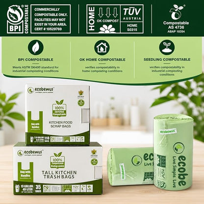 3 Gallon 100% Compostable Bags (125 Bags) Small Disposable Compost Trash Bags Food Scrap Garbage Bags US BPI Certified TUV OK Compost Home Certified Meeting ASTM D6400 (125 ct.)