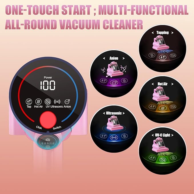 Teant Mattress Vacuum Bed Vacuum Cleaner with 253.7nm UV-C Light, Hyper Helix Motor with 16kPa Strong Suction & 33000 RPM/Min Tapping, HEPA Filter, 149℉ Heat & Ultrasonic & Anion for Bed and Pet