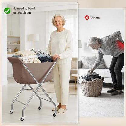ELYKEN Laundry Cart with Wheels, 32”H Easy Rolling Laundry Hamper with Removable Liner Bag, Sturdy Metal Frame Clothes Basket with 4 Casters and 2 Brakes