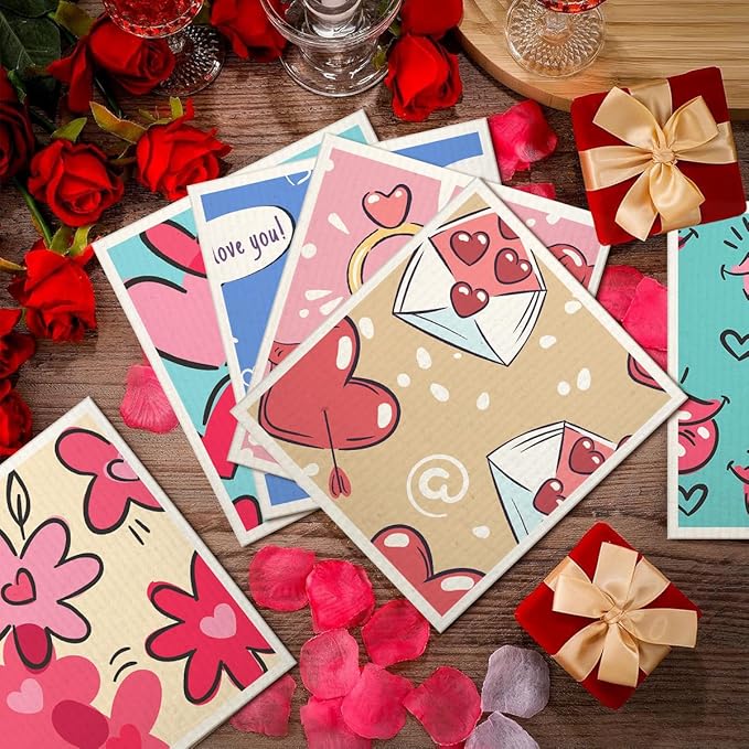 Swedish Dishcloths for Kitchen | 6 Pack Floral Reusable Paper Towels Washable | Swedish Dish Towels | Non-Scratch Cellulose Sponge Cloths | No Odor, Biodegradable Cleaning Cloths, Valentine's Day 3
