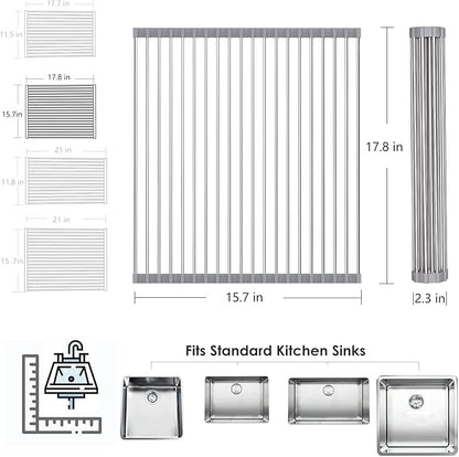 Tomorotec Roll Up Dish Drying Rack Over the Sink Grey Large Dish Drying Rack Rolling Foldable Collapsible SUS304 Stainless Steel Multipurpose Dish Drainer for Kitchen Counter (17.8”x15.7”)