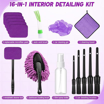 16 Pcs Windshield Cleaner Tool, Car Cleaning Kit with Various Detailing Brushes Set Spray Bottle Cleaner Towel Cleaning Gel Accessories Car Interior Detailing Kit for Windows Vents(Purple)