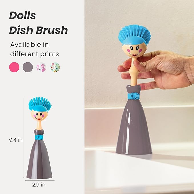 Vigar Dolls Dish Brush with Handle and Holder - Dish Scrubber Brush for Dishes and Pans, Kitchen Scrub Brush, Dishwashing Brush for Kitchen Sink Cleaning, Cute Standing Dish Brush Design - Gray, Blue