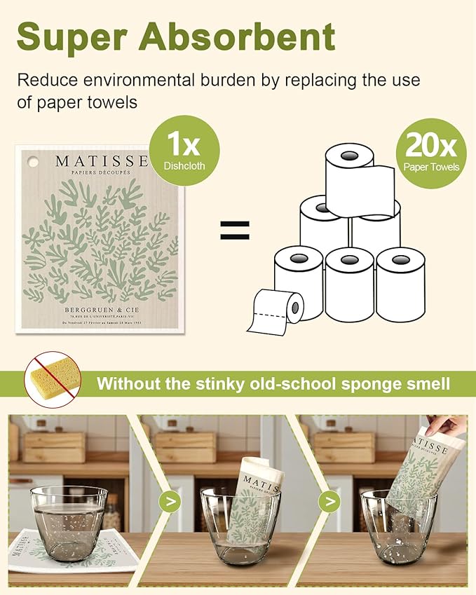 Miss Adola 6 Pack Swedish Dishcloths for Kitchen - Reusable Dish Cloths for Washing Dishes Absorbent Cute Funny Kitchen Towels Cleaning Sponge, Green Artist