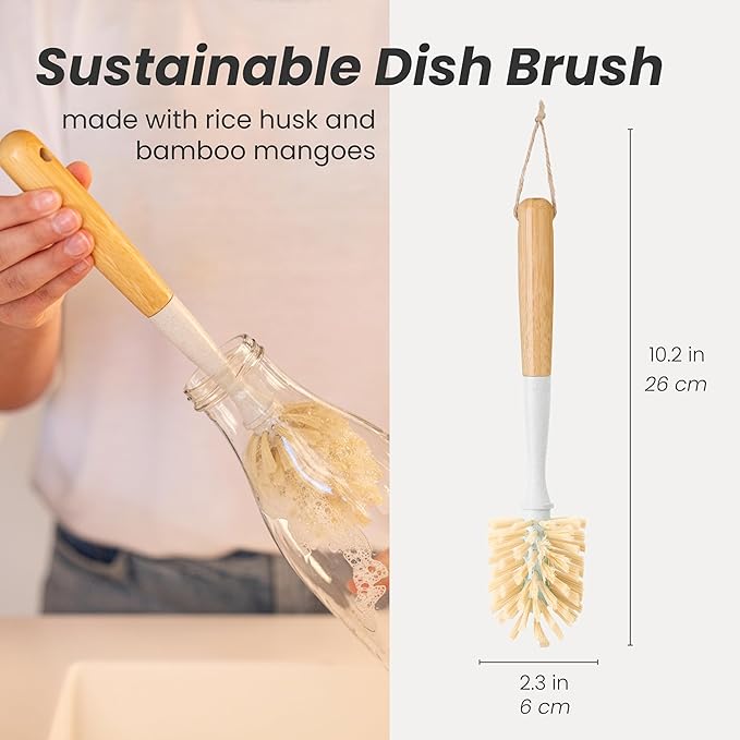 Vigar Zeroline 10.2" Bamboo Bottle Brush With Long Handle - Water Bottle Brush for Glassware, Tumblers, Jars and Vases, Kitchen Dish Scrubber, Wooden Bottle Cleaner, Dish Brush for Sink, Kitchen Brush