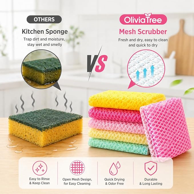 OliviaTree Dish Scrubber 10 Pack, Non Scratch Reusable Mesh Scrub Cloth for Dishes Pots Pans Sink, Quick Dry Odor Resistant Sponge Alternative, Korean Kitchen Cleaning Pad 11x11 Inch