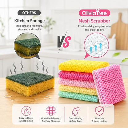 OliviaTree Dish Scrubber 10 Pack, Non Scratch Reusable Mesh Scrub Cloth for Dishes Pots Pans Sink, Quick Dry Odor Resistant Sponge Alternative, Korean Kitchen Cleaning Pad 11x11 Inch