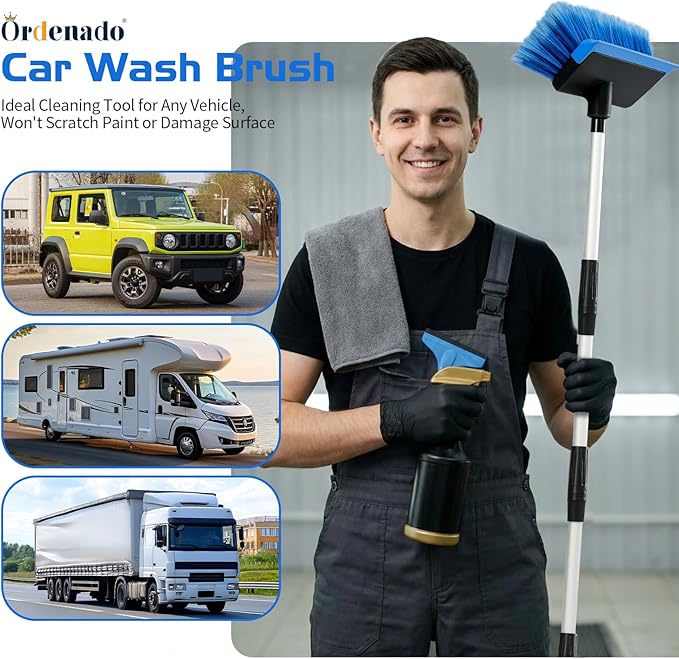 Ordenado 56" Car Wash Brush with Long Handle - Car Cleaning Brush with Soft Bristle & Squeegee, Scratch-Free Car Cleaning Mop Kit for Washing Exterior & Snow, Universal for RV Boat Truck SUV Blue