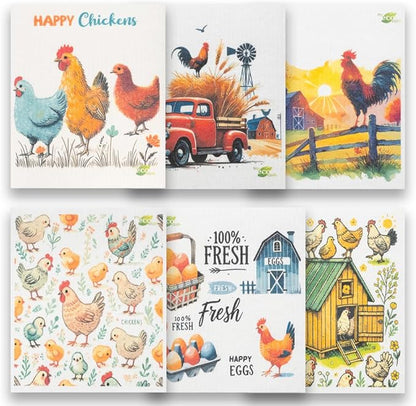 SWEDEdishcloths - Cellulose Sponge Dish Towels - Mixed Set of 6 (One of Each Design) Chickens Swedish Dish Cloths