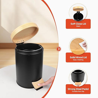 Small Bathroom Trash Can with Natural Bamboo Lid Soft Close，3 Liter / 0.8 GallonStainless Steel Garbage Can with Removable Inner Bucket andStep Pedal（Black）