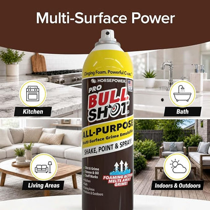 Bull Shot All-Purpose, Multi-Surface Grime Emulsifier, AS SEEN ON TV, Professional Strength Clinging Foam Cleaner; Grease, Oil, Scuff Marks, Dirt, Non-Abrasive, Kitchen, Bath, Living Areas & Outdoors
