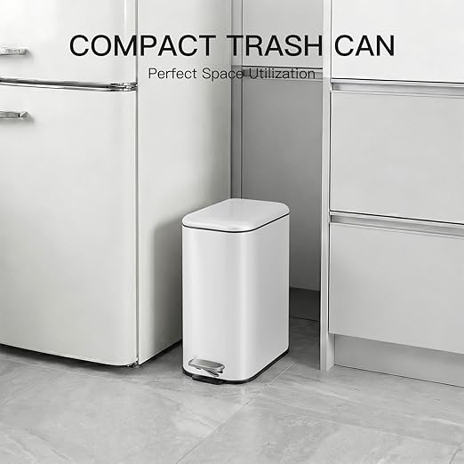 GlowSol Bathroom Trash Can with Lid, 1.3 Gallon 12 L Stainless Steel Step Trash Can with Removable Liner Bucket, Slim Small Wastebasket for Toilet Bedroom Office, White