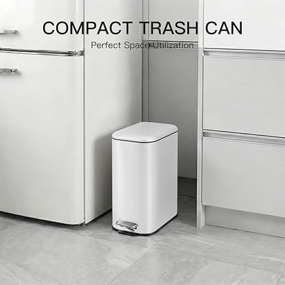 GlowSol Bathroom Trash Can with Lid, 1.3 Gallon 12 L Stainless Steel Step Trash Can with Removable Liner Bucket, Slim Small Wastebasket for Toilet Bedroom Office, White