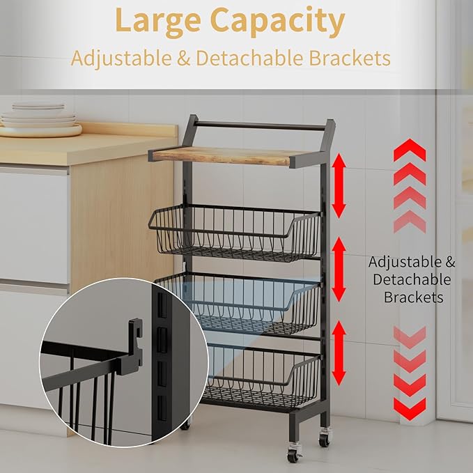 DGSANDGO 4-Tier Slim Rolling Storage Cart, Narrow Kitchen Cart with Lockable Wheels & Water-Resistant Wooden Tabletop, Small Space Utility Cart for Kitchen/Bathroom/Living Room/Laundry Room
