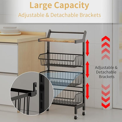 DGSANDGO 4-Tier Slim Rolling Storage Cart, Narrow Kitchen Cart with Lockable Wheels & Water-Resistant Wooden Tabletop, Small Space Utility Cart for Kitchen/Bathroom/Living Room/Laundry Room