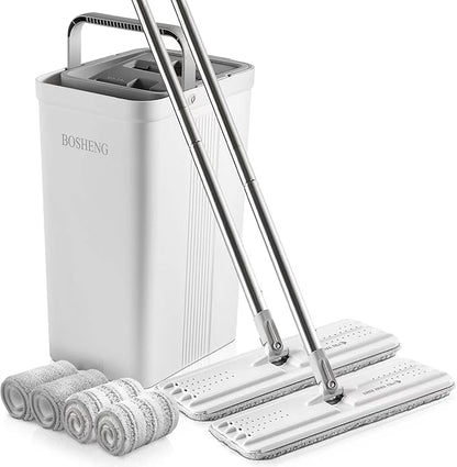 BOSHENG Mop and Bucket with Wringer Set, Flat Floor Mop and Bucket, with 2 Mops and 4 Microfiber Cleaning Cloths for Floor Cleaning, Wet and Dry Use