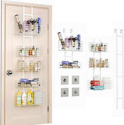 Yuyetuyo 5-Tier Over The Door Organizer Bathroom Shelves Hair Tool Organizer - Hair Dryer Holder Adjustable Height, DIY Bathroom Storage Shelf Wall Mounted Behind The Door Storage
