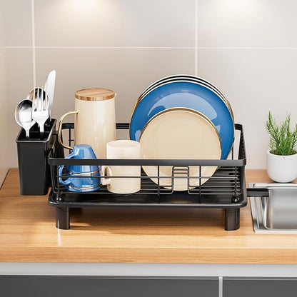 Dish Drying Rack, Stainless Steel Dish Racks for Kitchen Counter, Sink Organization and Storage Essentials, Kitchen Organizer for Forks, Spoons Dishes,Cup and Bottle (Black, 14.96''*11.02''*6.69'')