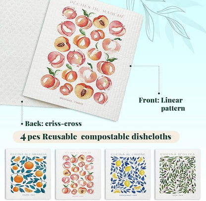Swedish Dishcloths for Kitchen, Papaya Reusable Paper Towels Washable, Cucina Doliva Oranges Peach Lemon Swedish DishCloths for Friut, 4 Pack Dish Towels for Kitchen