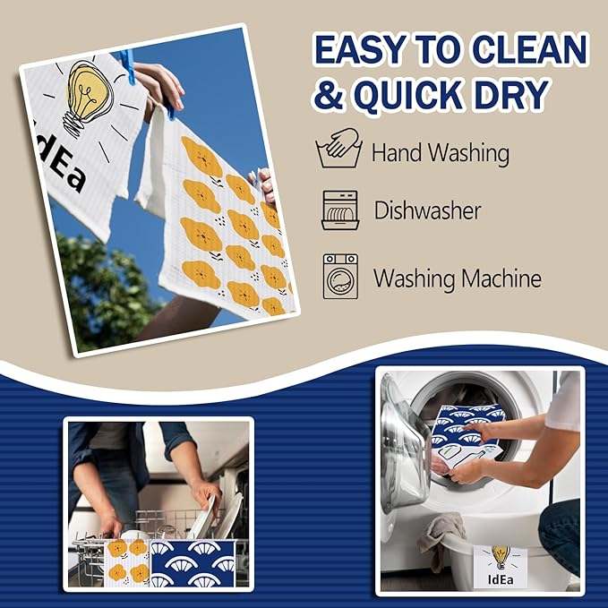 Swedish Dishcloths for Kitchen | 6 Pack Floral Reusable Paper Towels Washable | Swedish Dish Towels | Non-Scratch Cellulose Sponge Cloths | No Odor, Biodegradable Cleaning Cloths, Light Bulb