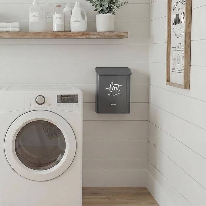 Perfnique Magnetic Lint Bin for Laundry Room with Lint Brush, Wall Mounted Lint Holder Trash can with lid for Dryer, Modern Farmhouse Rustic Metal Laundry Room Storage Organization and Decor(Gray)