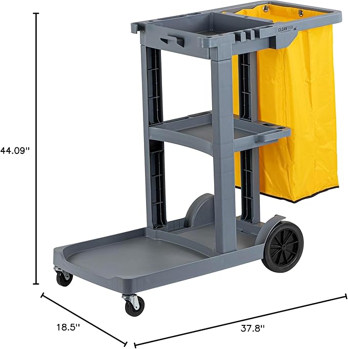 Restaurantware-Clean Tek Professional Janitor Cart with Wheels, 1 Cleaning Trolley with 18 Gallon Bag - 3 Shelves, Heavy-Duty, Gray Plastic Commercial Janitorial Cart, for Restaurants