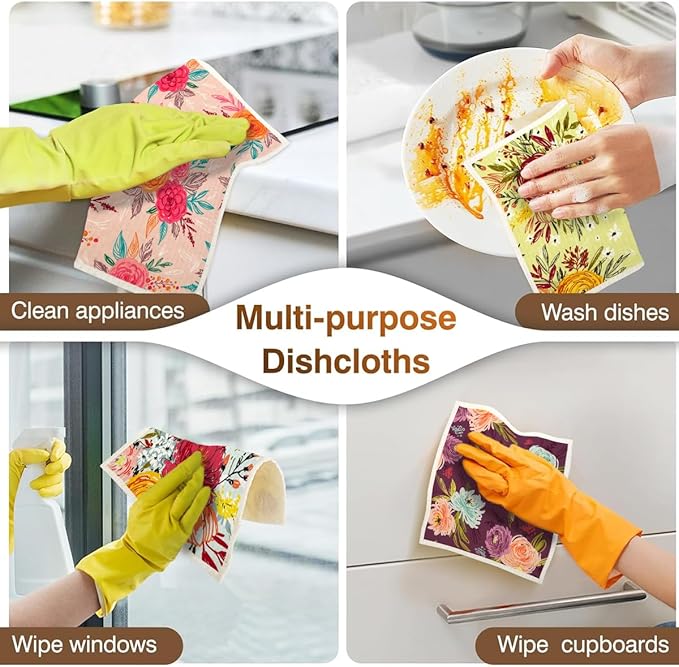Swedish Dishcloths for Kitchen | 6 Pack Floral Reusable Paper Towels Washable | Swedish Dish Towels | Non-Scratch Cellulose Sponge Cloths | No Odor, Biodegradable Cleaning Cloths, Flowers