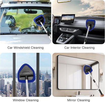 Qydipclin 10pcs Windshield Cleaner Tool, Car Window Cleaning Wash Kit with 4 Reusable Microfiber Pads 1 Spray Bottle and Extendable Handle Auto Glass Wiper Kit, Blue&Green