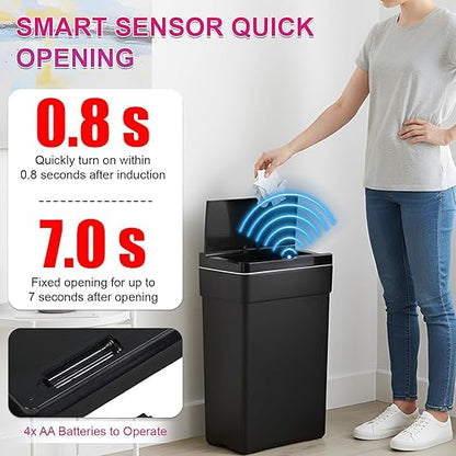 PayLessHere 13 Gallon 50 L Trash Can with Lid Plastic Kitchen Trash Bin Automatic Touch Free Motion Sensor Trash Can (4, Black)