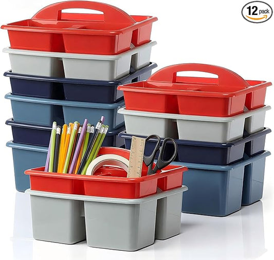 Kathfly 12 Pack Caddy Organizer with Handle, Stackable Organization Storage, Small Plastic Basket Classroom Caddy for Table Desk Office Pencil Kids Room Craft Art Teacher School Supplies (Blue Red)