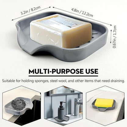 Grey Silicone Soap Dish – Sink Organizer with Drain Spout for Bathroom & Kitchen, Ideal for Dispensers, Cups, Scrubbers & Sponges on Countertops