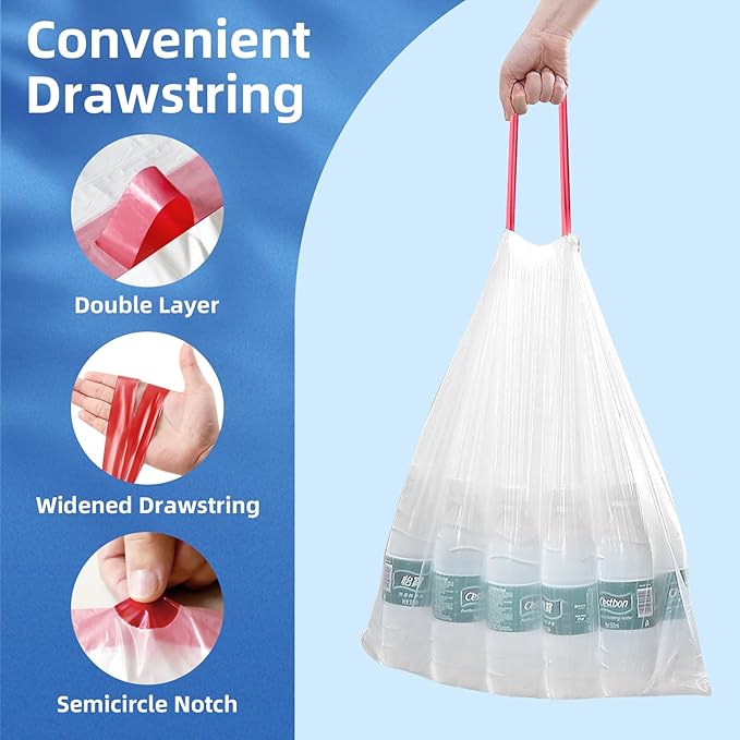 KdbK 13.2 Gallon Tall Kitchen Drawstring Trash Bags, 200 Count Pre-separated Garbage Bags, Unscented, Leak Proof, Waste Bag for Kitchen, Office, Home