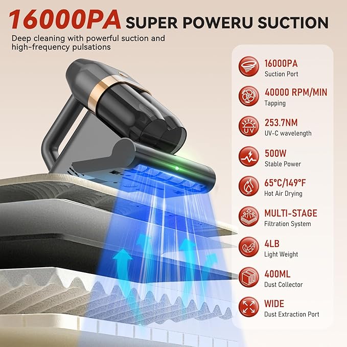 Mattress Cleaner, Bed Vacuum Cleaner with 149°F Heat, 16KPa Powerful Suction, 253.7nm U V-C Light, 40,000 RPM Brushroll, HEPA Filter, Dual 400ml Dust Cups for Sofa, Pet Hair, Wired Corded