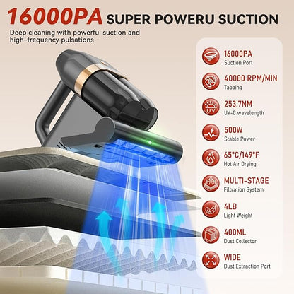 Mattress Cleaner, Bed Vacuum Cleaner with 149°F Heat, 16KPa Powerful Suction, 253.7nm U V-C Light, 40,000 RPM Brushroll, HEPA Filter, Dual 400ml Dust Cups for Sofa, Pet Hair, Wired Corded