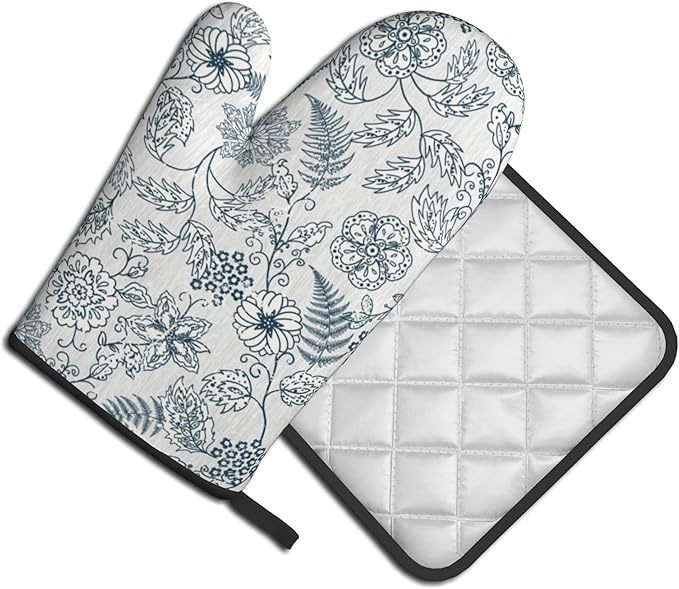 Blue Floral Oven Mitts Set – Vintage Pot Holders Kitchen Gloves for Women Teal Plant Kitchen Mitts Potholders Set of 2 for Cooking & Baking