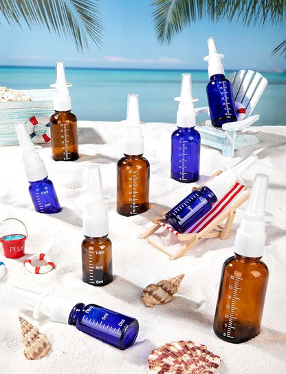 10 Pcs Nasal Spray Bottle, 10ML/0.35OZ 6Pcs Empty Glass Brown Scale Nose Spray Bottles Refillable with 2 Funnels and 2 Labels
