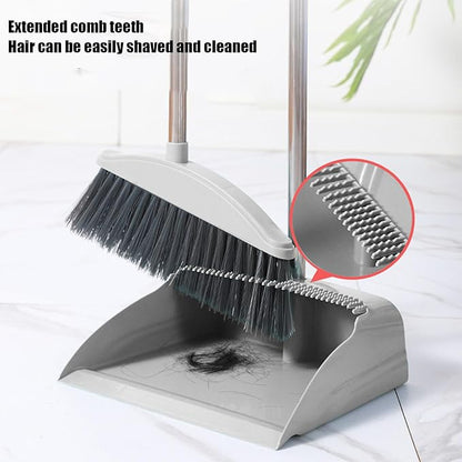 Broom and Dustpan Set for Home Indoor 180 Rotatable Standing Storage Buckle Type Brooms and Dustpan Set with Scraping Teeth and Scraper Deep Cleaning Suitable for Home