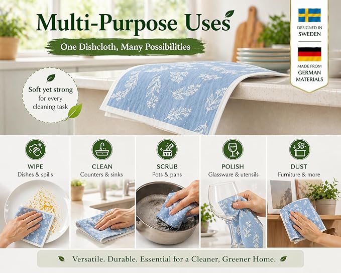 10 PCS Leaf Print Swedish Dishcloths for Kitchen 100% Biodegradable Reusable Cellulose Sponge Cloths Ultra Absorbent, Eco-Friendly Cleaning Towels Dishcloths for Washing Dishes & General Cleaning
