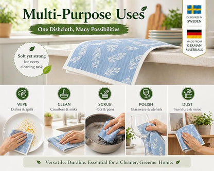 10 PCS Leaf Print Swedish Dishcloths for Kitchen 100% Biodegradable Reusable Cellulose Sponge Cloths Ultra Absorbent, Eco-Friendly Cleaning Towels Dishcloths for Washing Dishes & General Cleaning