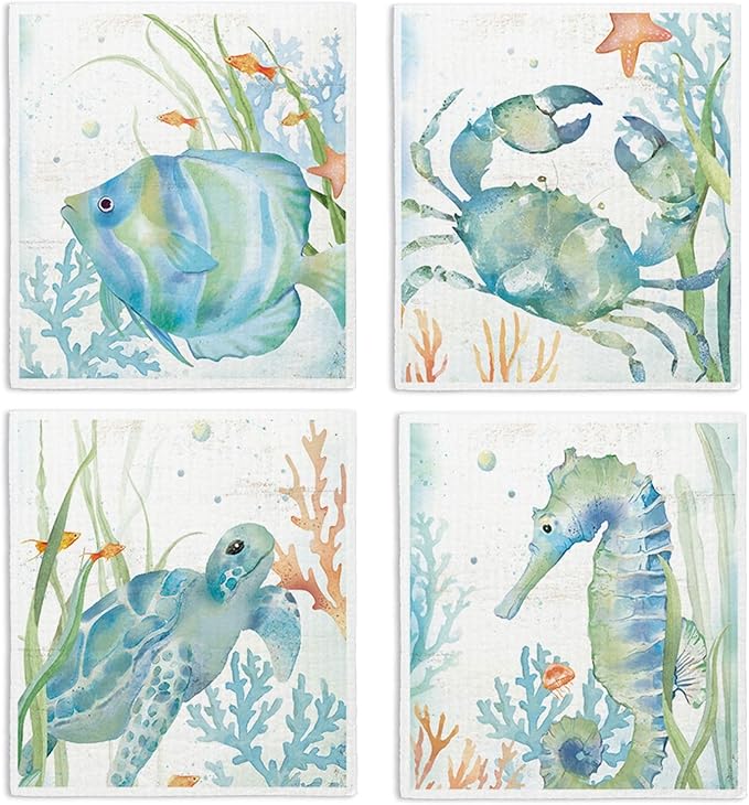 Ocean Turtle Fish Swedish Dishcloths for Kitchen, 4 Pack Ocean Summer Gifts Swedish Dish Cloths Towels for Kitchen Bathroom Office Housewarming Gifts, Papaya Reusable Paper Towels Washable