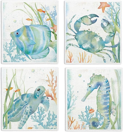 Ocean Turtle Fish Swedish Dishcloths for Kitchen, 4 Pack Ocean Summer Gifts Swedish Dish Cloths Towels for Kitchen Bathroom Office Housewarming Gifts, Papaya Reusable Paper Towels Washable