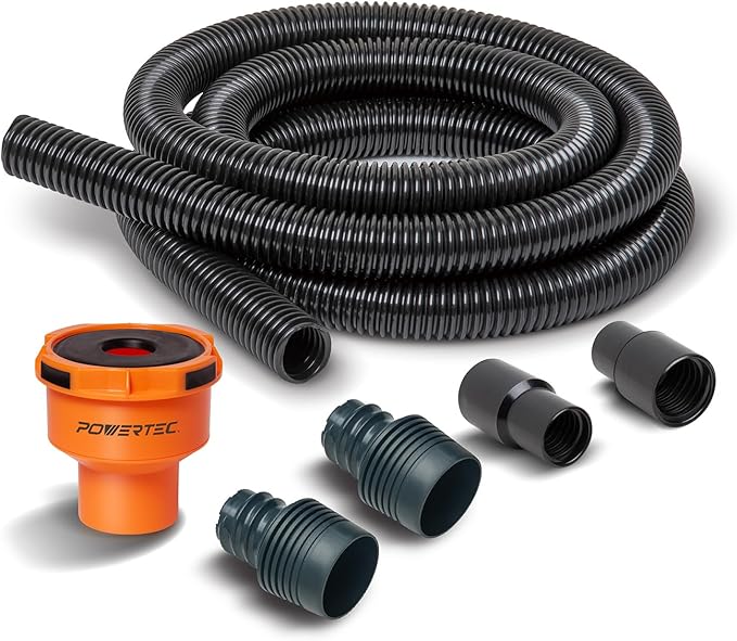 POWERTEC 70511 10 Ft. Vacuum Hose Dust Collection Kit w/ 2 Fittings, Tapered Reducers and Quick Connect Dust Port Adapter for Woodworking Power Tools, Wet/Dry Work Shop Vacuums, Miter Saw, Table Saw