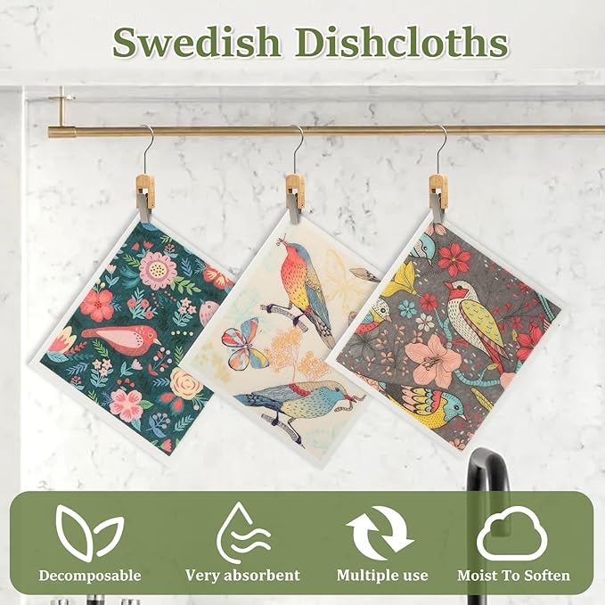 6Pcs Swedish Dishcloths for Kitchen, Quick-Drying Reusable Paper Towels, Absorbent Washable Kitchen Dish Rags, Soft Cellulose Sponge Cloths for Countertop Sink Flower Bird (6pcs Colorful Birds)