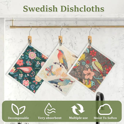 12Pcs Swedish Dishcloths for Kitchen, Quick-Drying Reusable Paper Towels, Absorbent Washable Kitchen Dish Rags, Soft Cellulose Sponge Cloths for Countertop Sink Flower Bird (12pcs Colorful Birds)