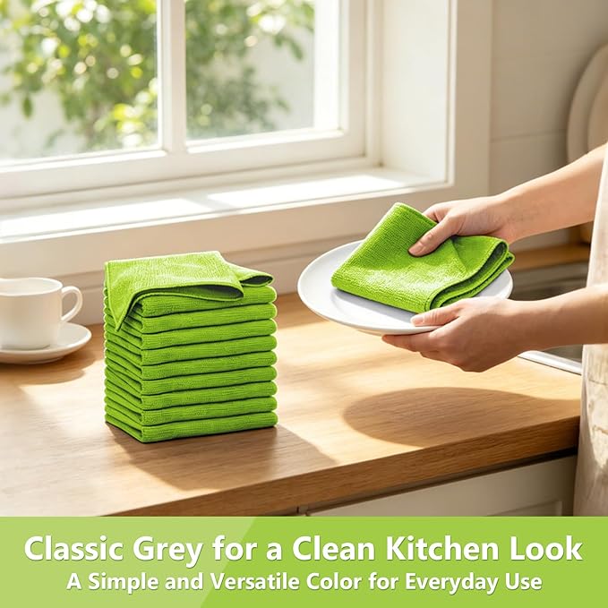 Kitchen Dish Cloths, 12 Pack, 10 x 10 Inches, Absorbent Coral Velvet Dish Towels, Soft Lint Free Reusable Dish Cloths for Dishes, Sink and Countertop, Green