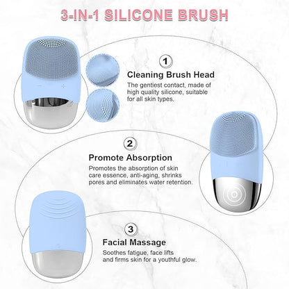 MEGAN Facial Cleansing Brush,USB Rechargeble Electric Silicone Face Scrubber,IPX7 Waterproof Sonic Facial Massager, 3 in 1 face Brush for Deep Cleanning, Blackhead Remover, Exfoliating.（Sky Blue）