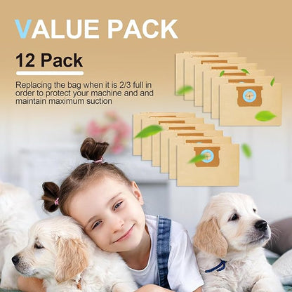 12 Pack DXVA19-4101 Vacuum Bags Compatible with DeWalt 6-10 Gallon Vacuum Replace Part # DeWalt DXV06P DXV09P DXV09PA DXV10P DXV10PL DXV10S DXV10SA DXV10SB