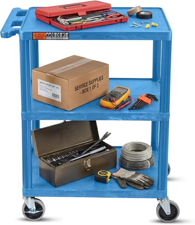 Luxor HE34-BU Utility Cart - 3 Shelves Structural Foam Plastic, Four 4" Casters, Two with Locking Brake, Ergonomic Push Handle, 24"W x 18"D x 34"H, Offices, Classrooms