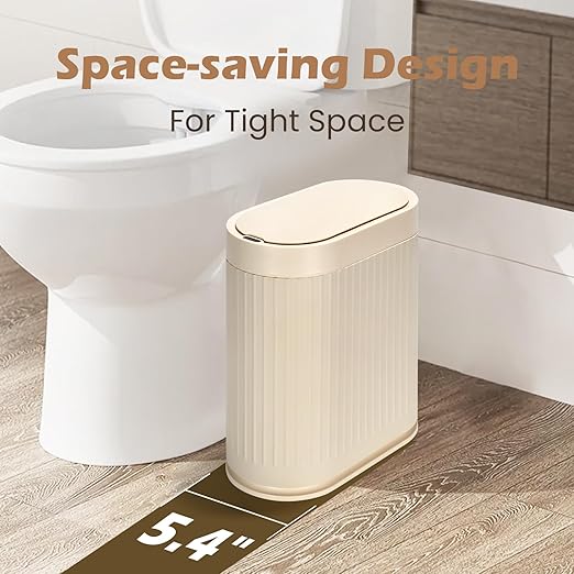 SYNCVIBE Bathroom Trash Can with Lid Automatic 2 Gallon Sensor Trash Bin, 7.5 Liter Smart Rubbish Bin, Motion Sensor Waterproof Bathroom Decor, Plastic Narrow Garbage Can for Bedroom, Office, Beige