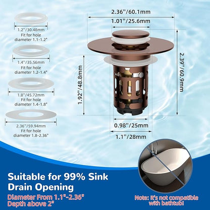 Hibbent 3 Pack 3 in 1 Bathroom Sink Drain Strainer, Universal Pop Up Stopper with Removable Stainless Steel Filter Basket Hair Catcher, Sink Plug for 1.1''~2.36'' Basin, Brass Bullet Core, Rose Gold